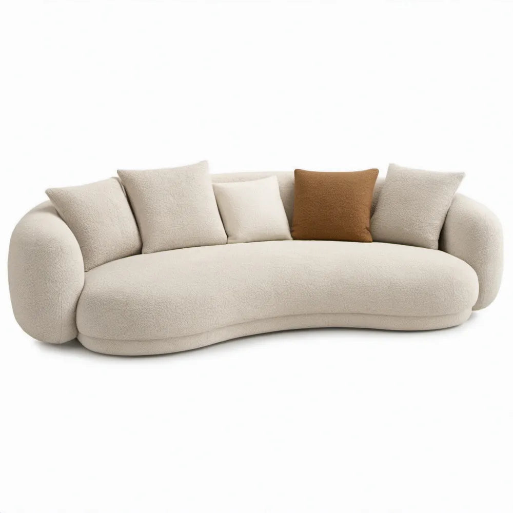 Organische 3-zitsbank 240 x 105 x 75 cm in gebroken wit bouclé met bruine sierkussen