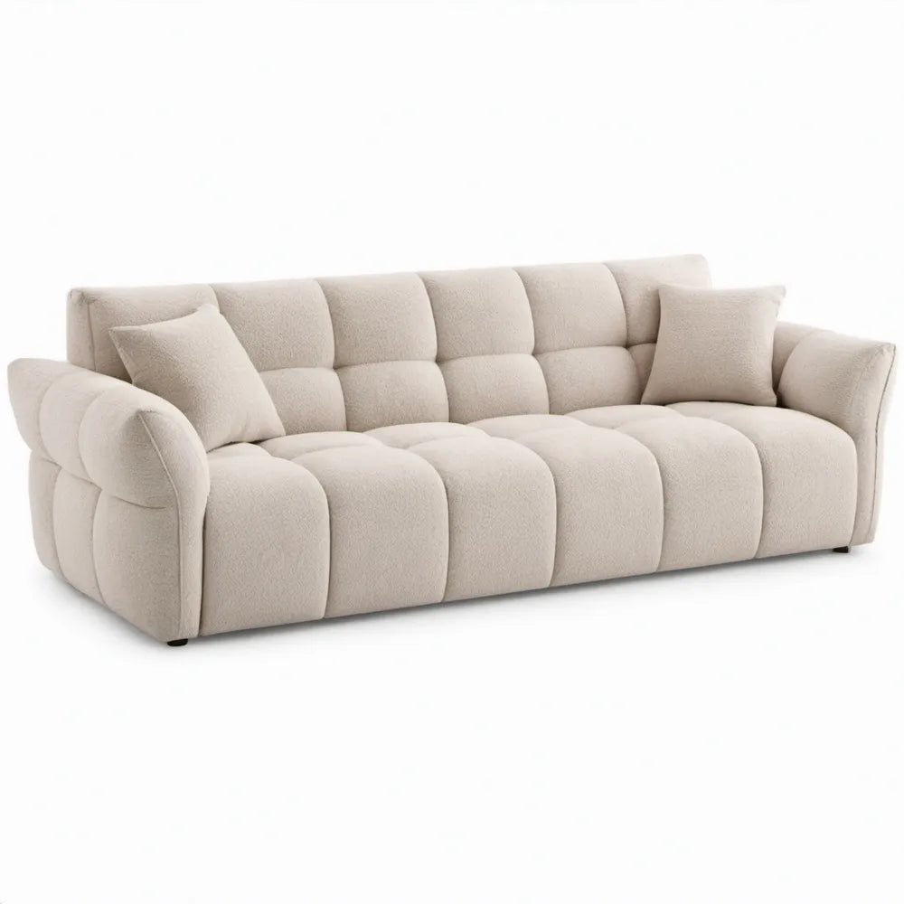 Crèmekleurige bouclébank 220 x 98 x 78 cm met gebogen armleuningen