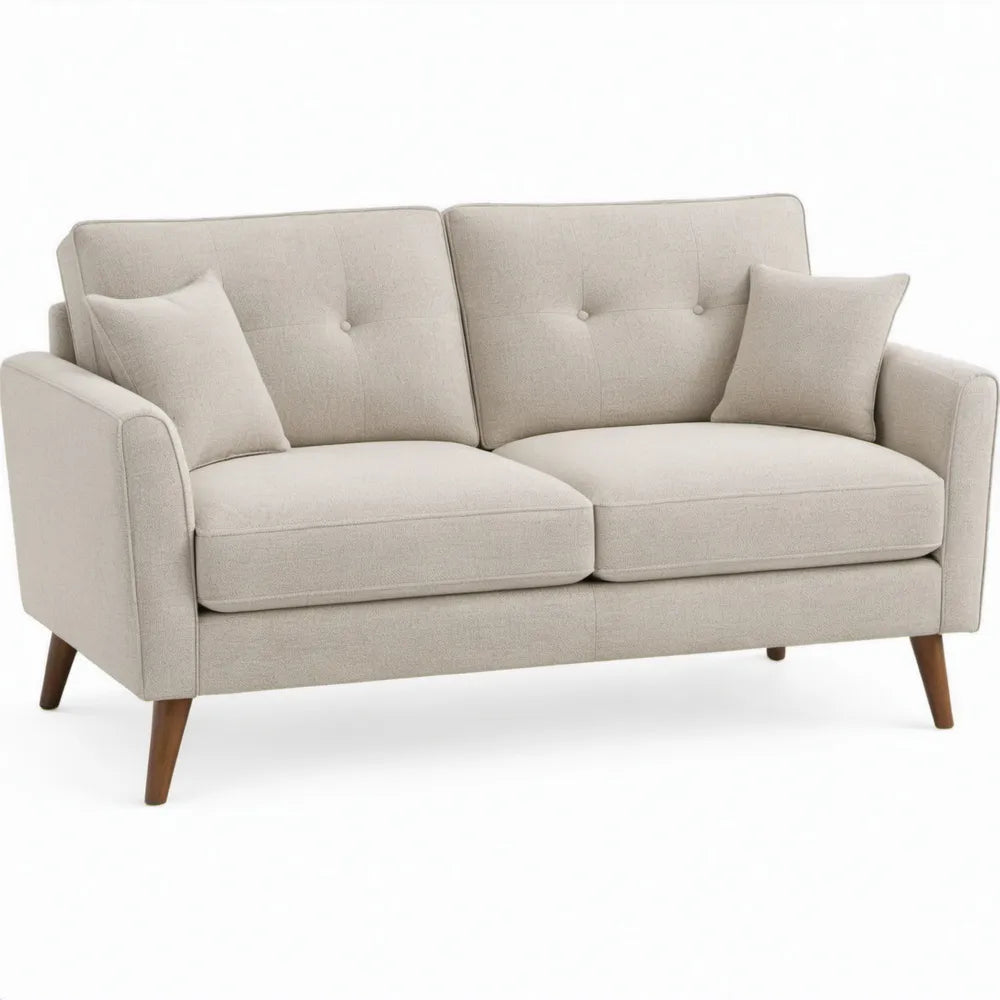 Beige 2-zitsbank met sierkussens, 160 x 85 x 85 cm