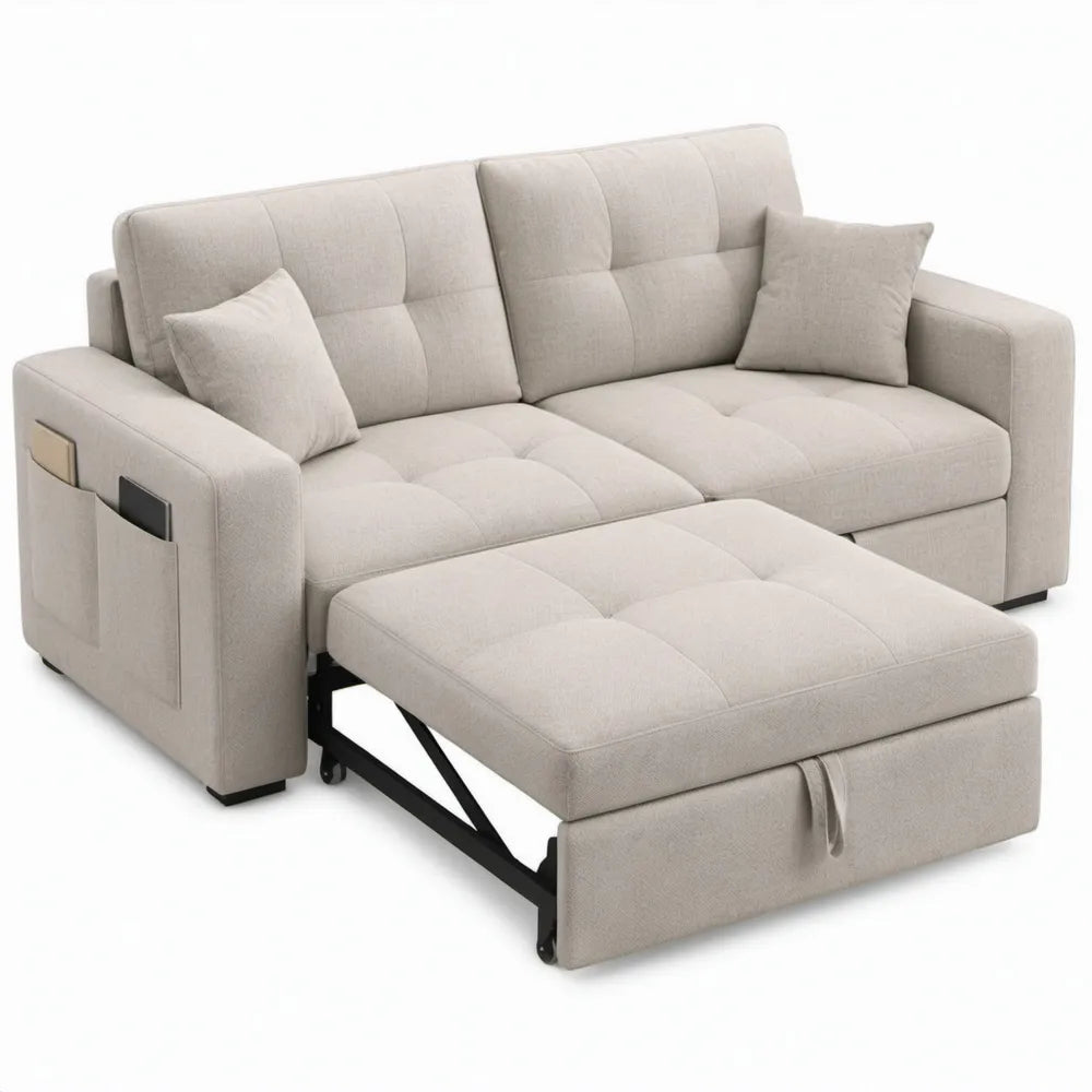 Beige 2-zits slaapbank met uitschuifbed en opbergruimte, 168 x 90 x 88 cm