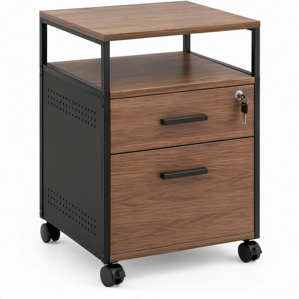 Verrijdbare archiefkast met 2 laden, slot en open vak – 40 x 50 x 65 cm – Bruin/Zwart