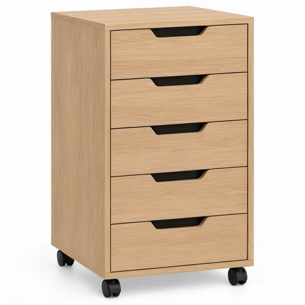 Eikenkleurig ladeblok met 5 laden en wielen, 36 x 48 x 67 cm