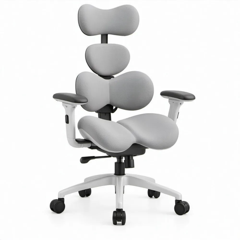 Ergonomische bureaustoel met verstelbare hoofdsteun en armleuningen, grijs/zwart/wit, 68 x 68 x 120-132 cm