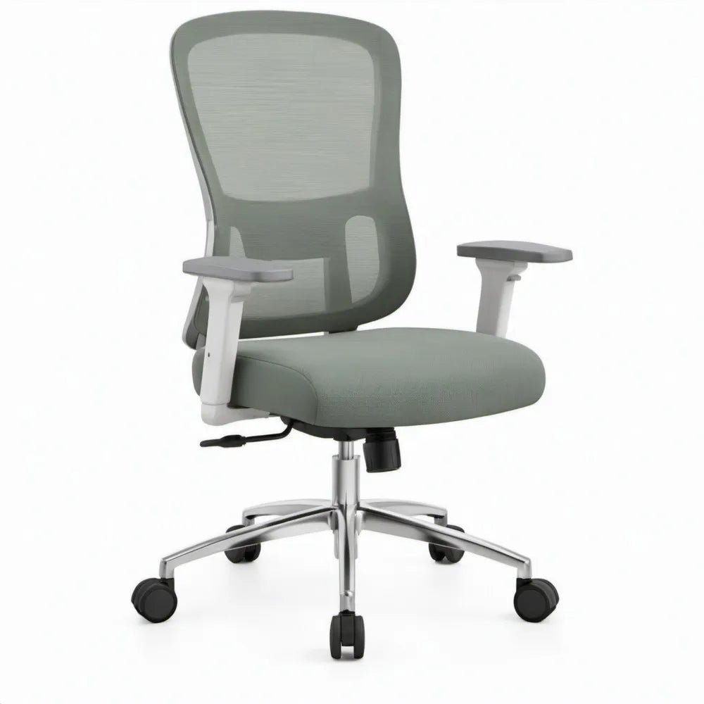 Ergonomische draaistoel grijs met verstelbare armleuningen, mesh rugleuning en aluminium onderstel, 64 x 64 x 98-108 cm