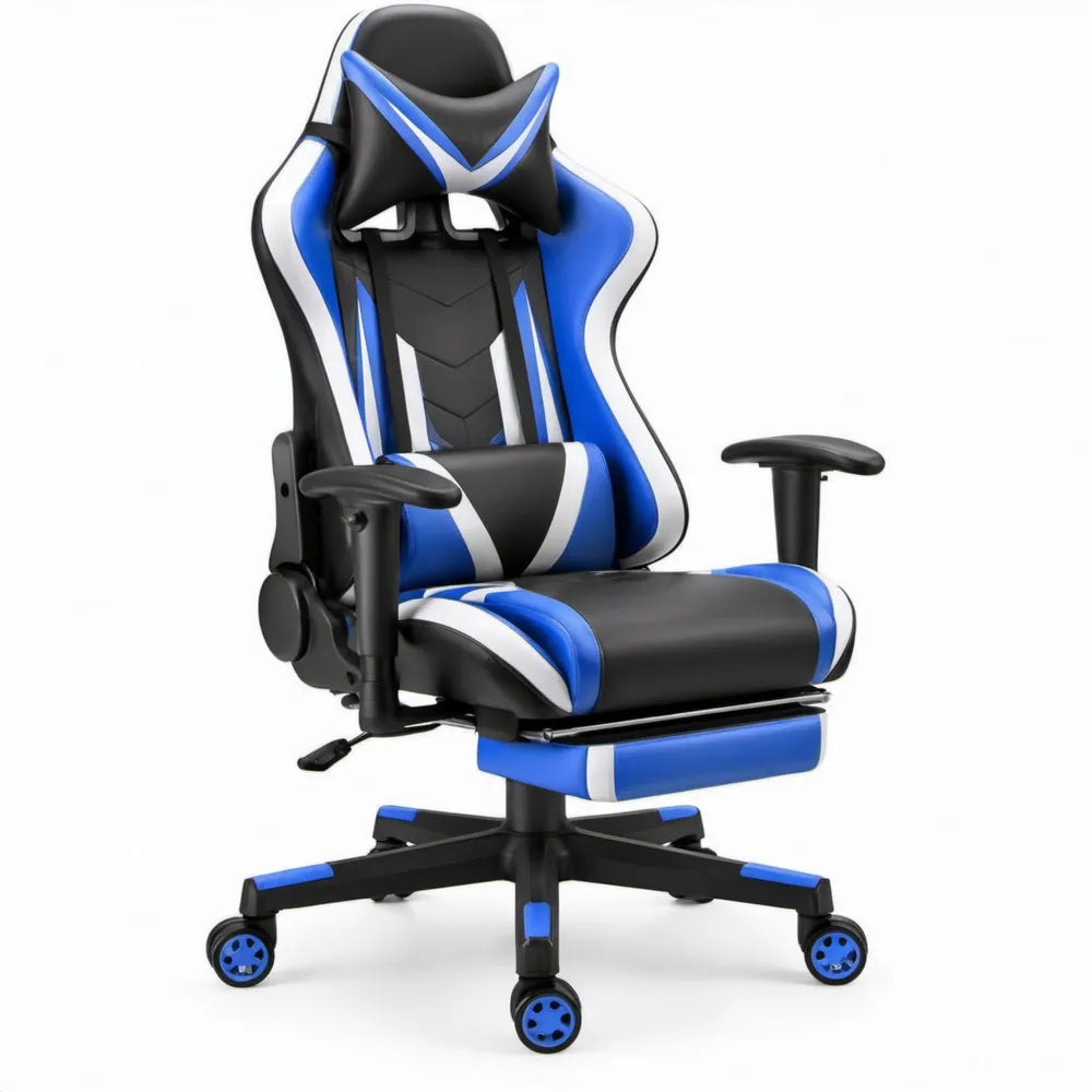 Gamingstoel met voetensteun, zwart/blauw/wit PU-kunstleer, 125-135 x 67 x 65 cm