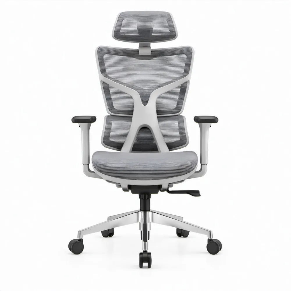 Ergonomische bureaustoel met hoofdsteun, grijs/wit/zwart, 66 x 65 x 118-128 cm