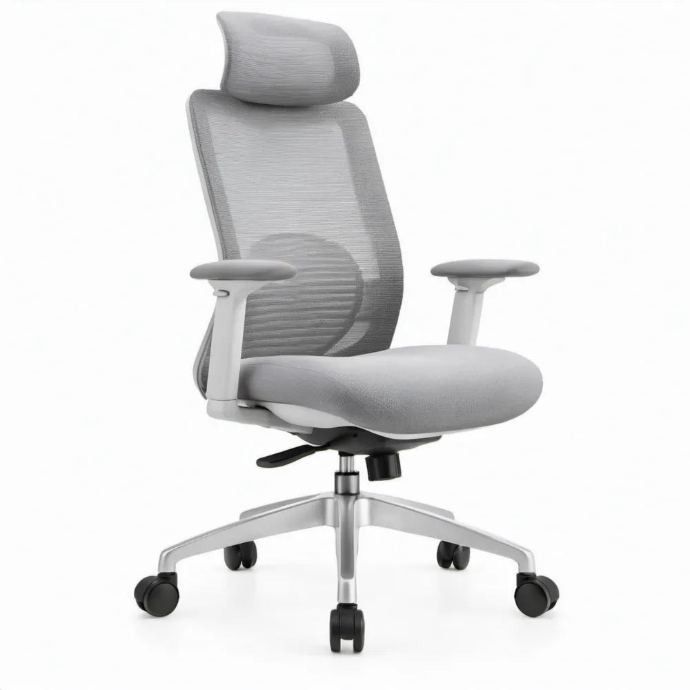Ergonomische bureaustoel met verstelbare hoofdsteun en lendensteun, grijs/zilver/zwart, 66 x 66 x 116-126 cm
