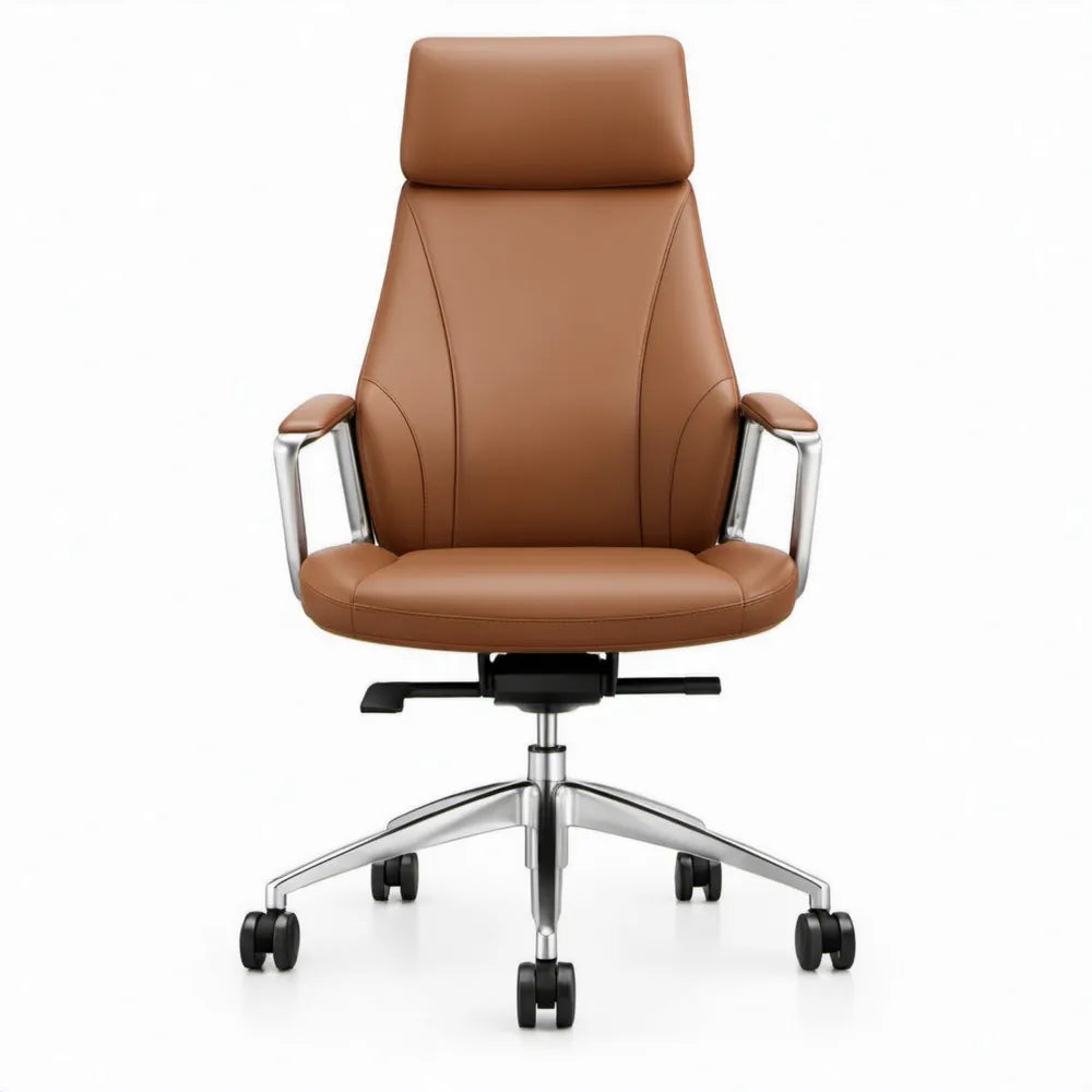 Directiestoel met hoge rugleuning en hoofdsteun, 65 x 65 x 118-128 cm, bruin PU-kunstleer, aluminium voetkruis