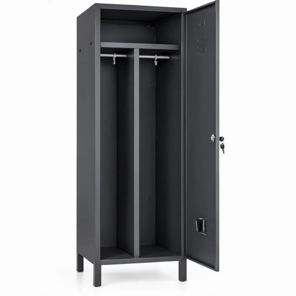 Zwarte stalen garderobekast met 1 deur, 2 kledingroedes en bovenplank – 180 x 80 x 50 cm
