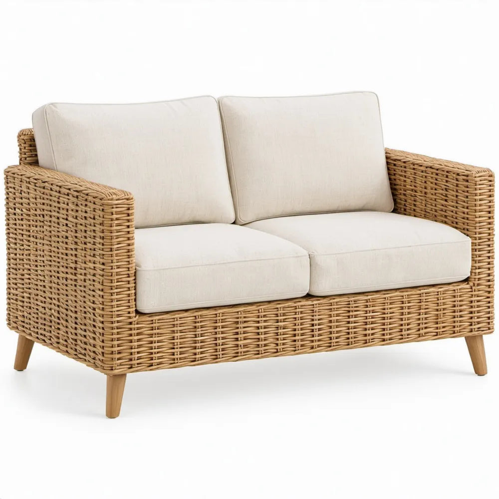 2-zits rotanbank Naturel/Wit/Lichtbruin met polyester kussens, 130 x 78 x 80 cm