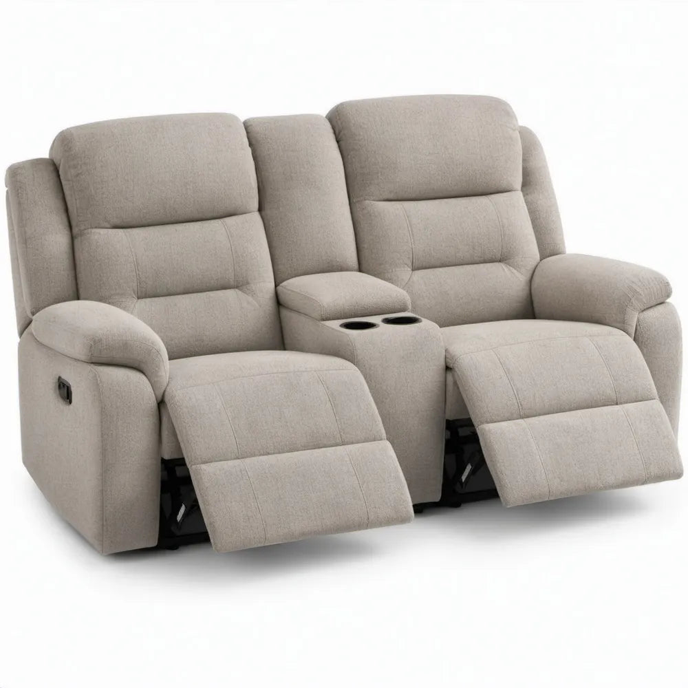 Handmatig verstelbare relaxbank met middenconsole en bekerhouders, beige polyester, 170 x 96 x 101 cm