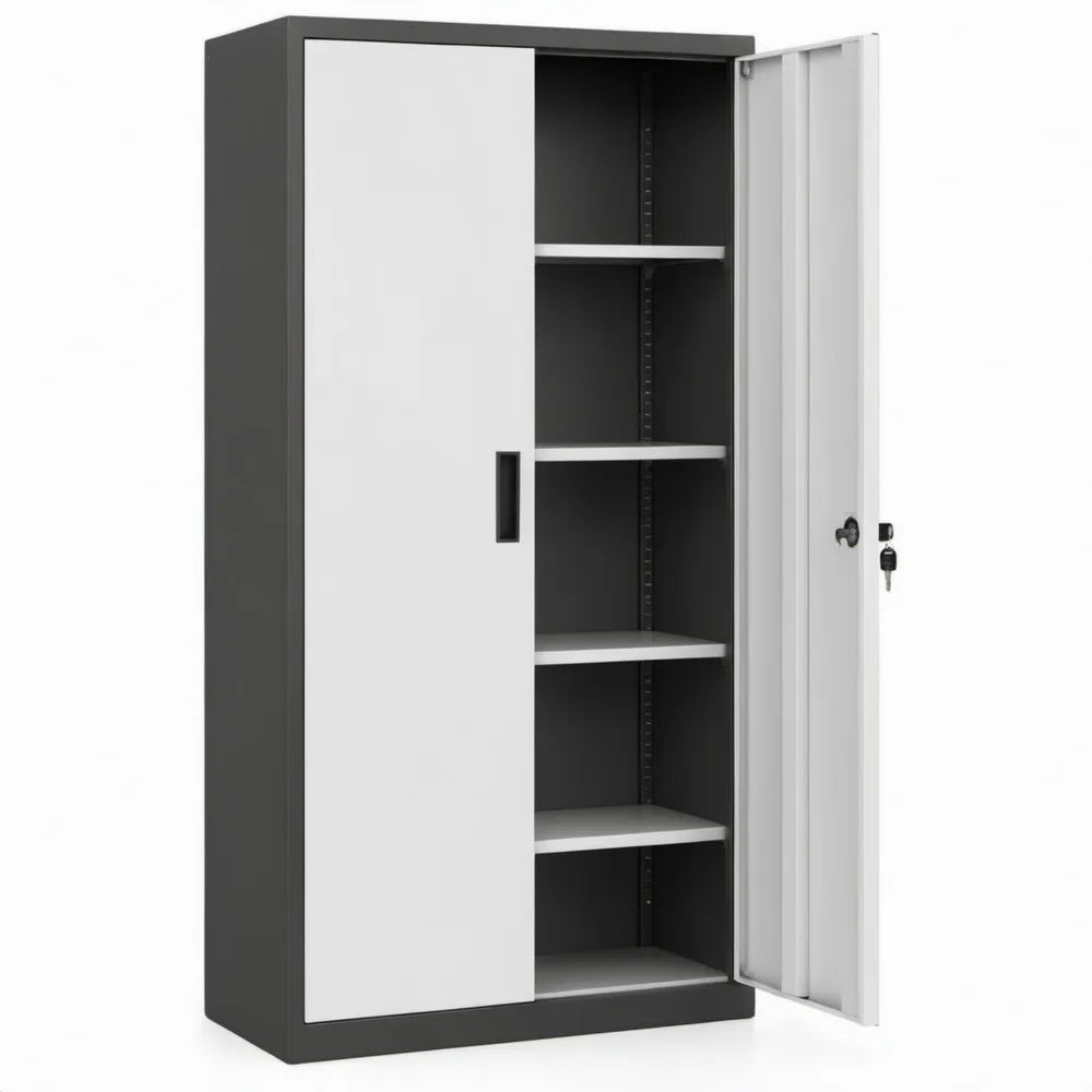 Stalen archiefkast 185 x 90 x 40 cm met 4 verstelbare legplanken en afsluitbare schuif- en draaideur, Grijs/Antraciet