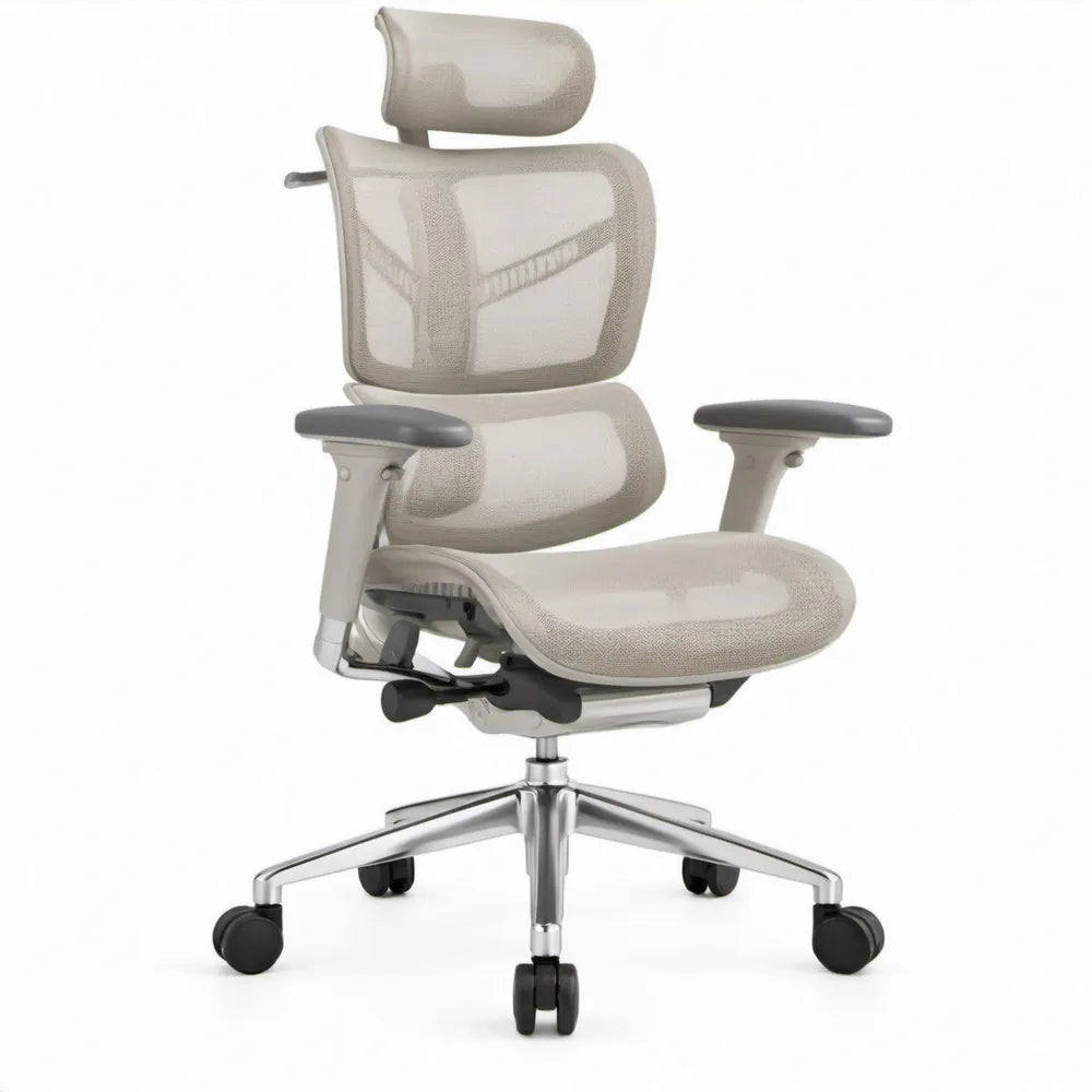 Ergonomische bureaustoel met hoofdsteun en lendensteun, beige, 65 x 65 x 120-130 cm