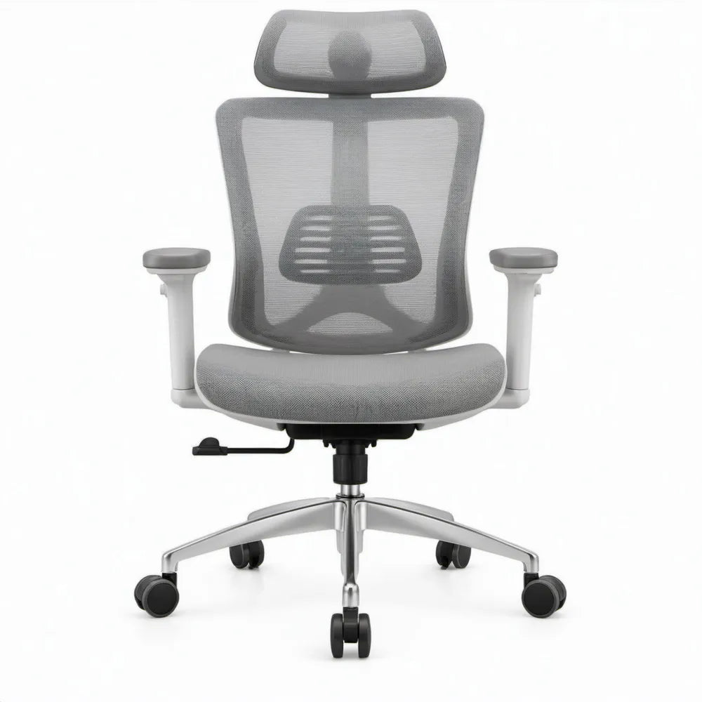 Ergonomische bureaustoel met hoofdsteun en verstelbare armleuningen, grijs/zilver/zwart, 65 x 65 x 116-126 cm