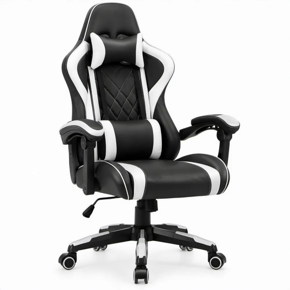 Verstelbare gamingstoel van zwart-wit PU-kunstleer met kussens, 66 x 70 x 125-135 cm