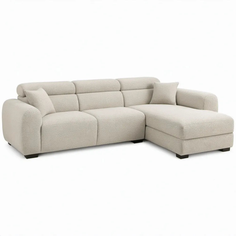 Crèmekleurige hoekbank met chaise longue rechts, bouclé polyester, 280 x 165 x 85 cm