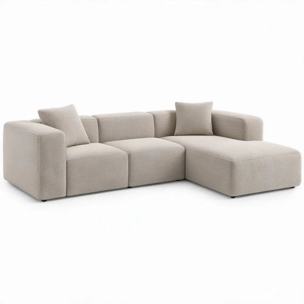 Beige hoekbank met rechter chaise longue, 3 zitplaatsen, 260 x 165 x 78 cm, polyester