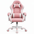 Gamingstoel met hoge rugleuning, verstelbare zithoogte en kussens, 66 x 66 x 118-128 cm, Roze/Wit