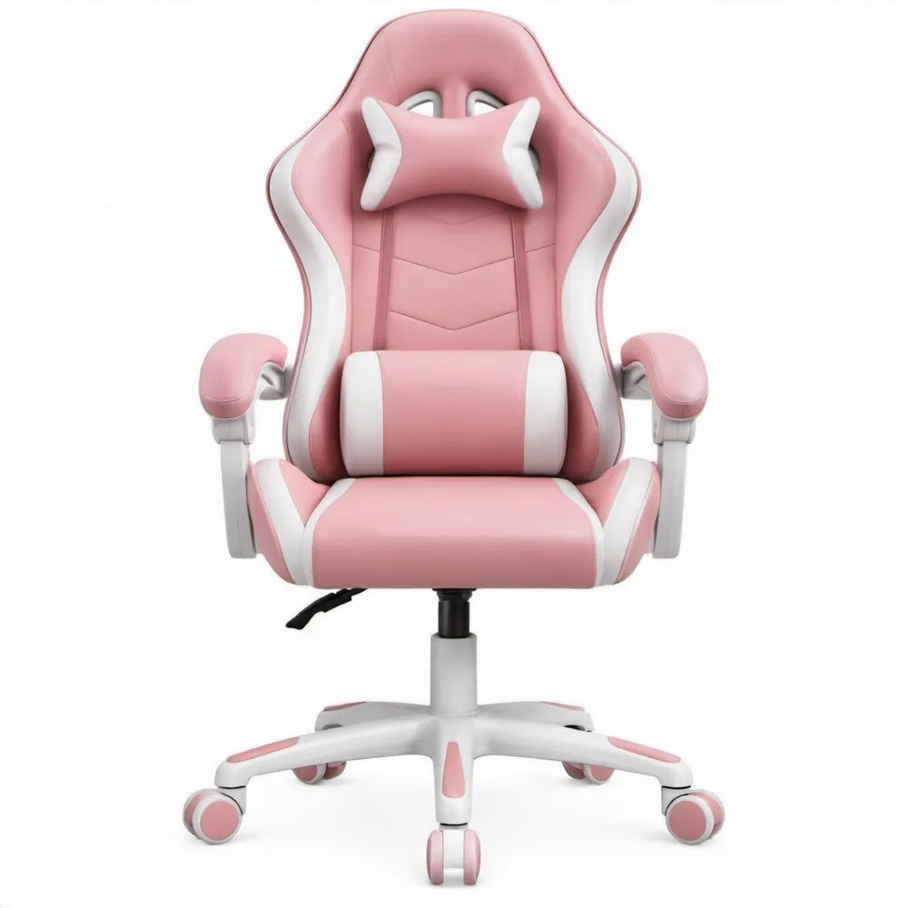 Gamingstoel met hoge rugleuning, verstelbare zithoogte en kussens, 66 x 66 x 118-128 cm, Roze/Wit