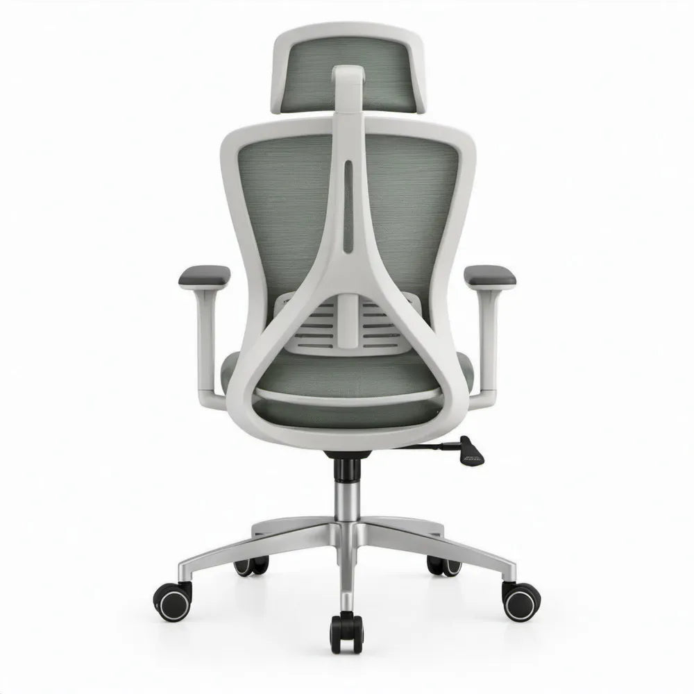 Ergonomische bureaustoel grijs/wit met hoofdsteun, lendensteun en verstelbare armleuningen, 66 x 66 x 118-128 cm