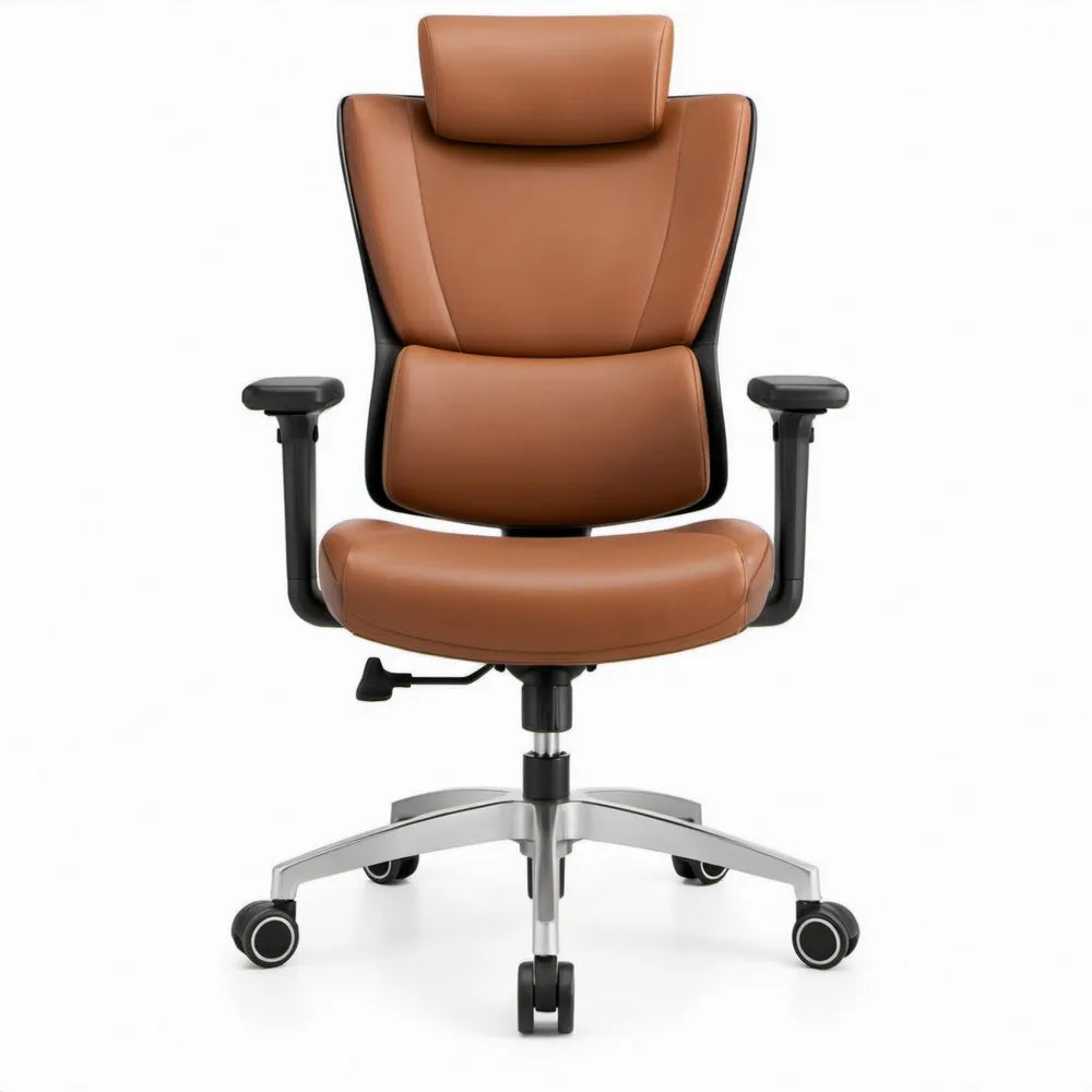Ergonomische bureaustoel van cognackleurig PU-kunstleer met hoofdsteun en verstelbare armleuningen, 66 x 66 x 118-128 cm