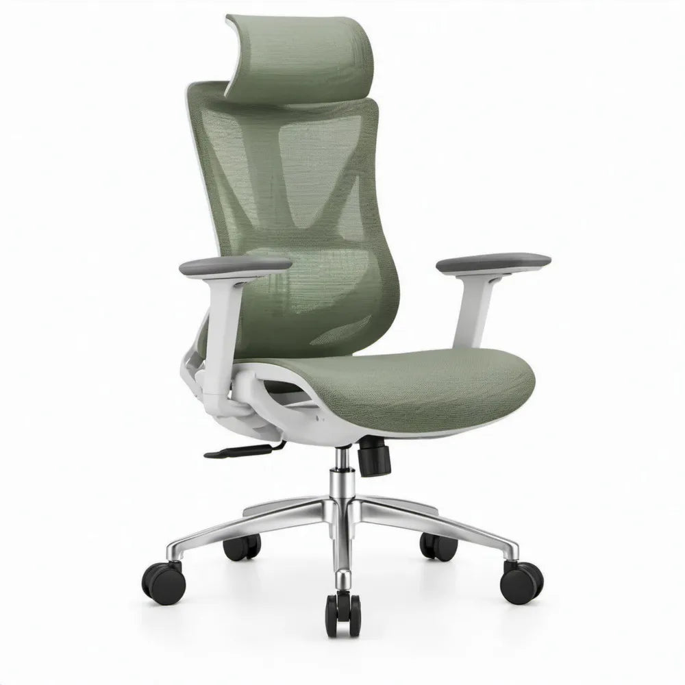 Ergonomische draaistoel met hoofdsteun en armleuningen – groen/wit/zilverkleurig/zwart – 65 x 65 x 118-128 cm