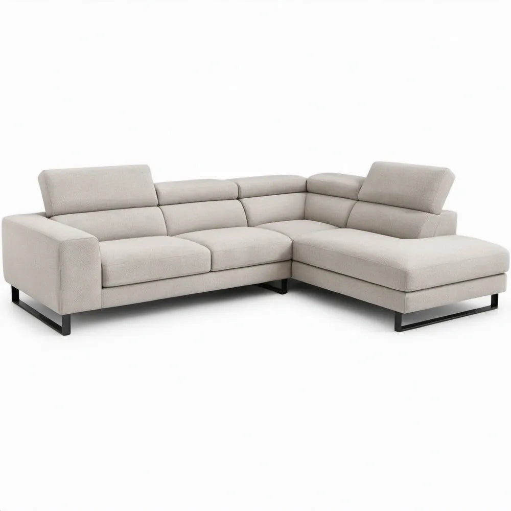 Beige hoekbank met chaise longue rechts, polyester bekleding, 280 x 170 x 85 cm