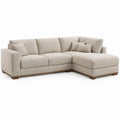 Beige hoekbank met chaise longue rechts, houten poten en kussens, 280 x 170 x 86 cm